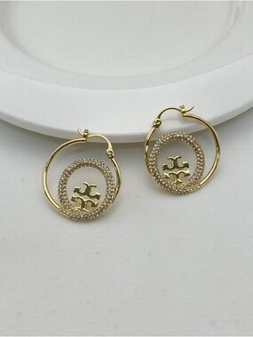 Tory Burch Gold Crystal Logo Hoop Earrings